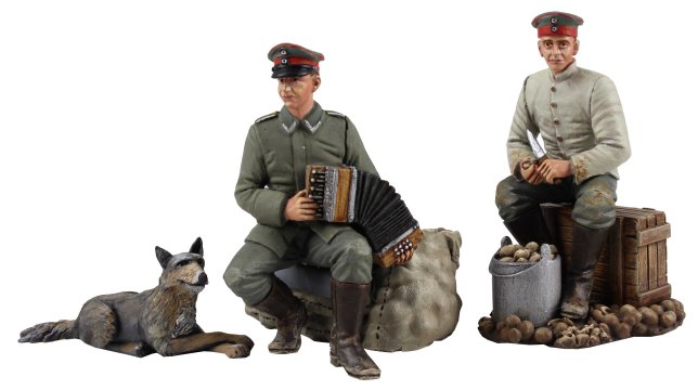 "Music to Peel By" 1914-1918 German Infantry Seated Peeling Potatoes and Seated Playing Concertina