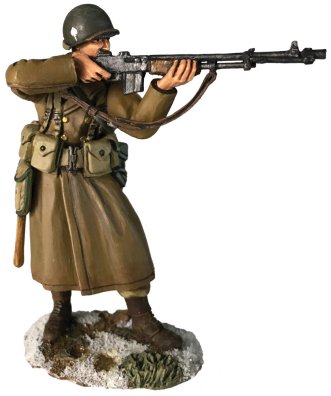 US 101st Airborne in Greatcoat Standing Firing BAR, Winter 1944-45