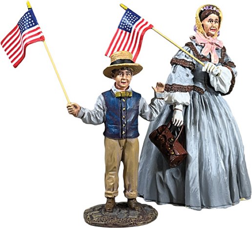 “A Patriotic Family” Mother and Son Waving Flags, Civil War Era