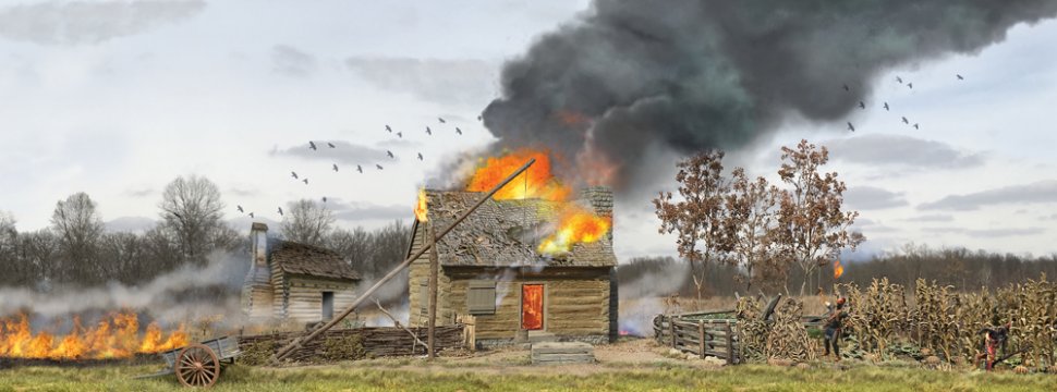 "The Frontier Ablaze" Burning Cabin Scenic Backdrop