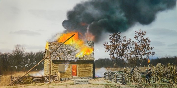 "The Frontier Ablaze" Burning Cabin Scenic Backdrop
