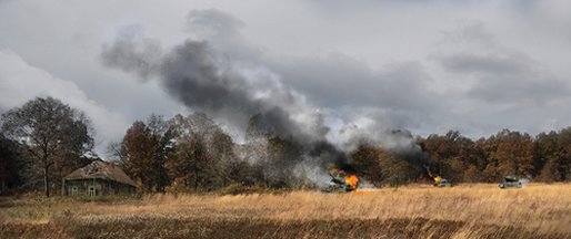 "Two Down, One to Go!" T-34/85 Russian Tanks Burning on the Eastern Front Scenic Backdrop