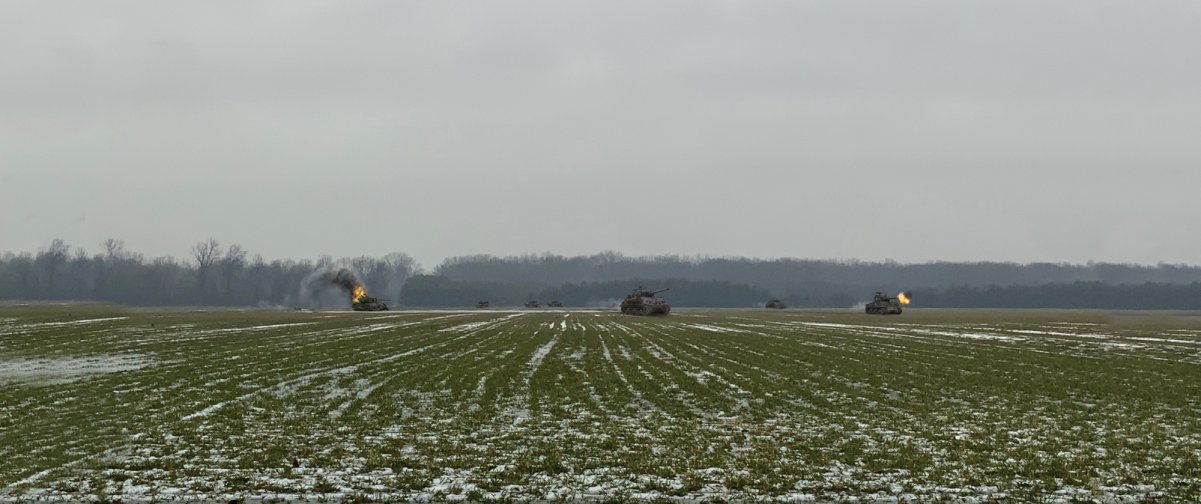 "Armored Spearhead" WWII Sherman Tanks Advancing Across Winter Field