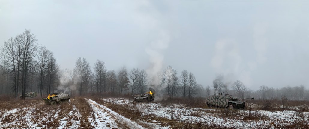 "Stopped in Their Tracks" German Armored Assault Unit Burning at the Edge of Forest Scenic Backdrop