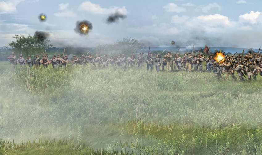 "Double Canister" Confederates Charge at Close Quarters Scenic Backdrop