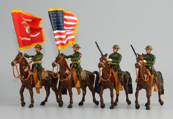 1917 Mounted Marine Color Party - Greens in Helmets w/Rifles and US & Red USMC Flags