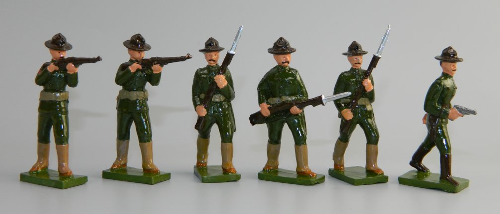 WWI Marines in Greens & Campaign Covers - Officer & 5 Soldiers in Action