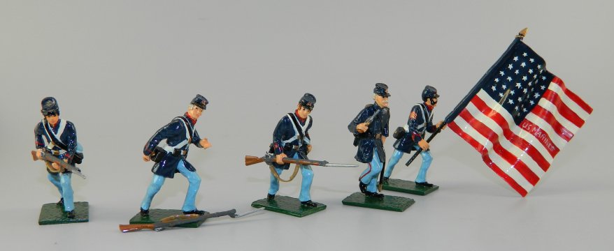 Officer, Flagbearer & 3 Marines in Winter Service Uniform, U. S. Marines Civil War, 1861-65