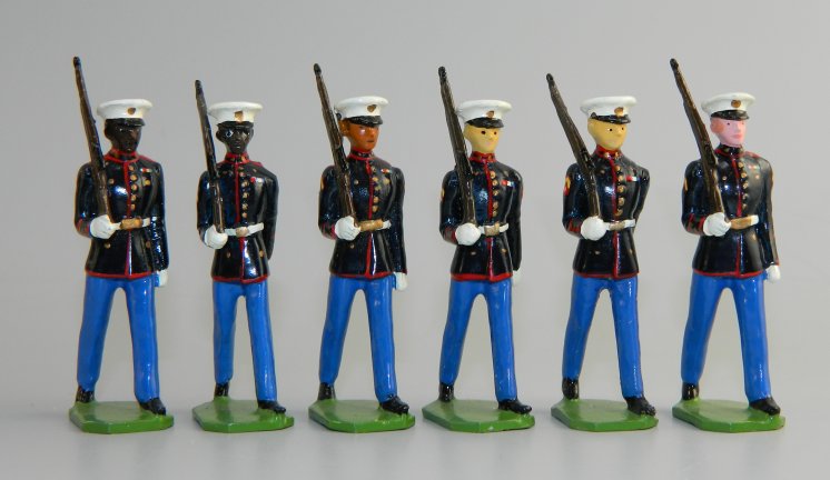 Six Marines Marching at Right Shoulder Arms - Dress Blues