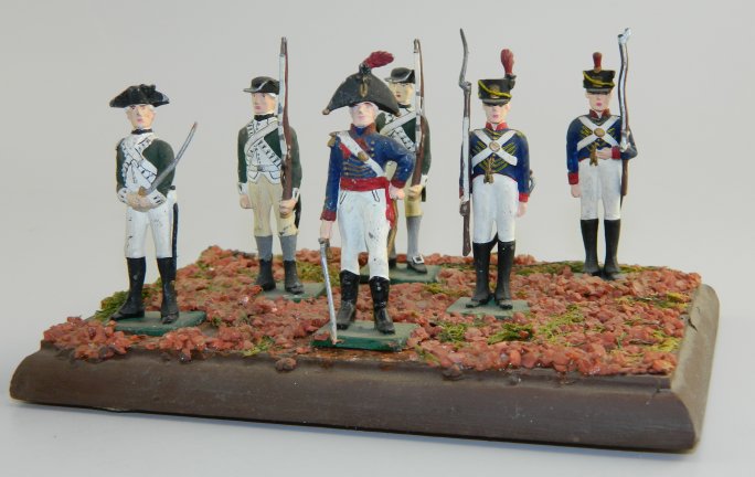 3 Continentals & 3 War of 1812 Soldiers on Wooden Base
