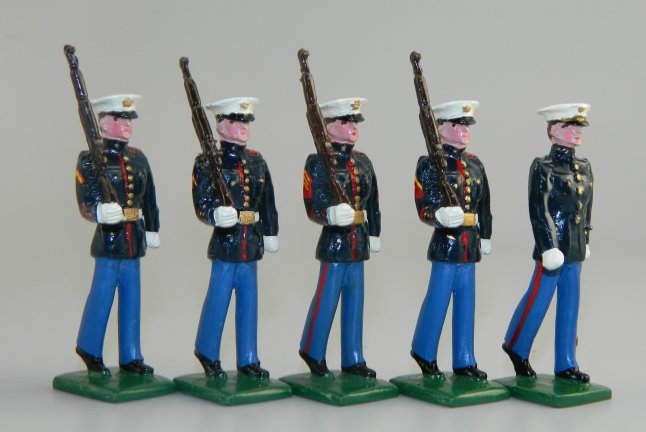 USMC Dress Blues - Officer & Sergeant w/Marines Marching at Right Shoulder Arms