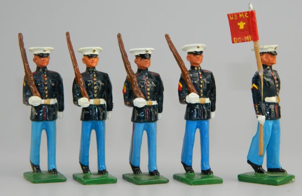 USMC Dress Blues - Guidon & Marines Marching at Right Shoulder Arms