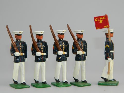 USMC 8th & I in Whites - Guidon & 4 Marines Marching at Right Shoulder Arms