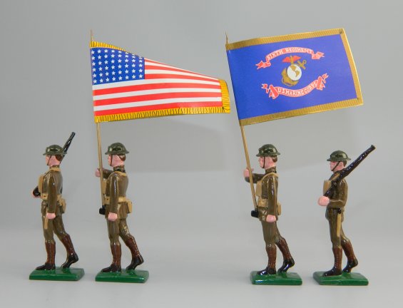 WWI Color Party - 2 Soldiers, US Flagbearer & Blue USMC Flagbearer