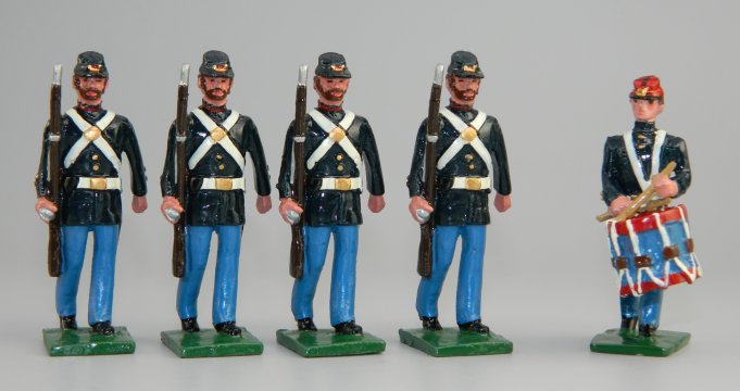 US Civil War Marines in Field Service Uniforms - Drummer & 4 Marines at Carry Arms