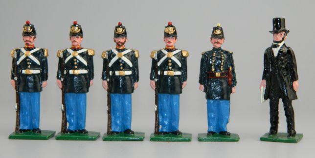 US Civil War Marines in Dress Uniforms - President Lincoln, Officer & 4 Marines at Attention
