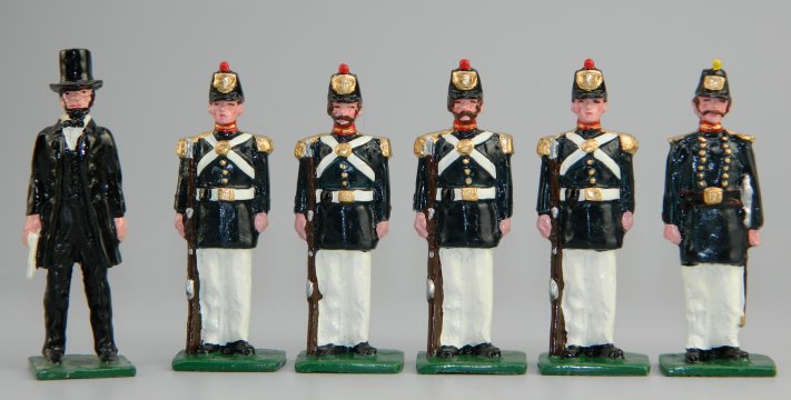 US Civil War Marines in Summer Dress Uniforms - President Lincoln, Officer & 4 Marines at Attention