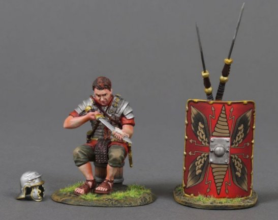 Sitting Swordsman Cleaning Gladius - Red Shield