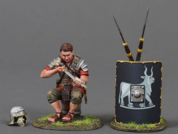 Sitting Swordsman Cleaning Gladius - Black 9th Legion Shield