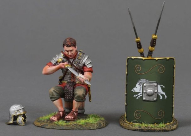Sitting Swordsman Cleaning Gladius - Green 19th Legion Shield