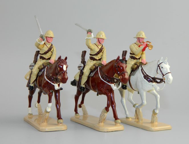 World War I British Cavalry in Sun Helmets - Officer, Bugler & Trooper on Charging Horses