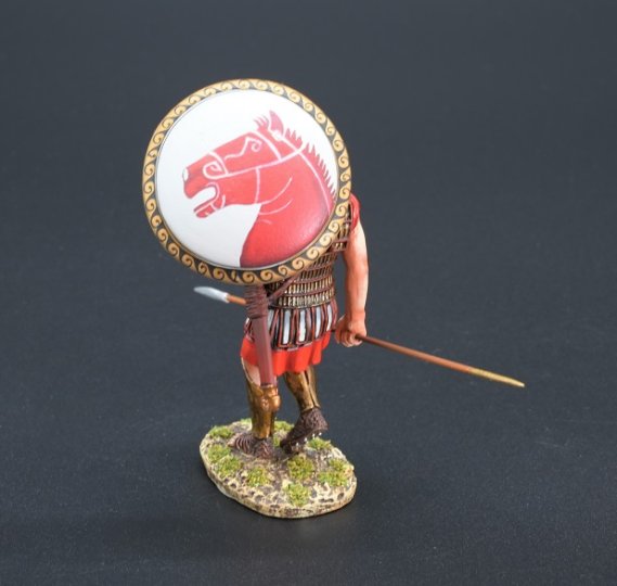 Marching Hoplite with Red Horse Head Shield Over Head