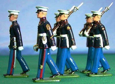 USMC Dress Blues Officer and Sgt. with Swords at the Carry & 4 Marines At the Slope