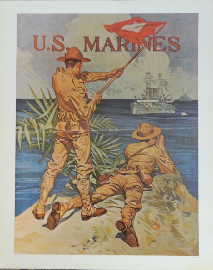 "US Marines" Two Marines Waving Signal Flag at Battleship